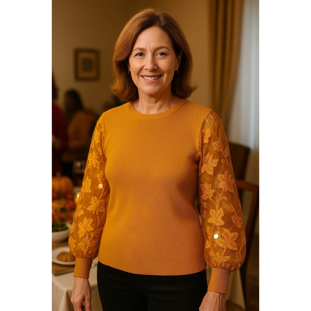 Sioni Milano S Orange Brass Fall Leaves Sequin Sleeve Ribbed Knit Top - Small - Picture 11 of 11